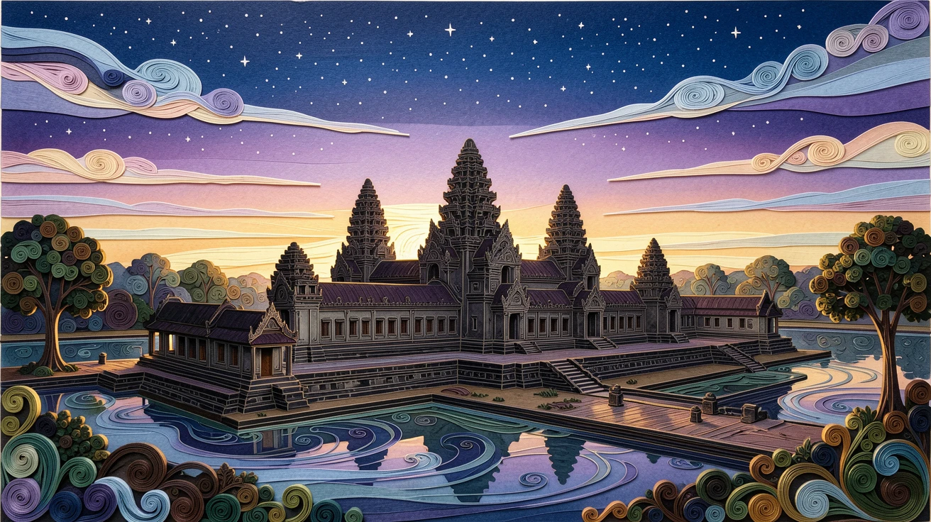 the ancient temples of Angkor Wat at sunrise, under a canopy of stars at twilight, captured from a sweeping elevated viewpoint, with delicate clouds streaked across the horizon.