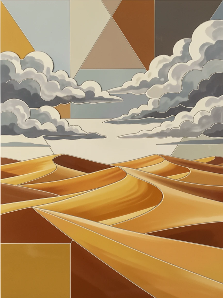 A wide panoramic view of a sweeping sand dune landscape sculpted into smooth golden waves, with dramatic clouds and rich natural color.