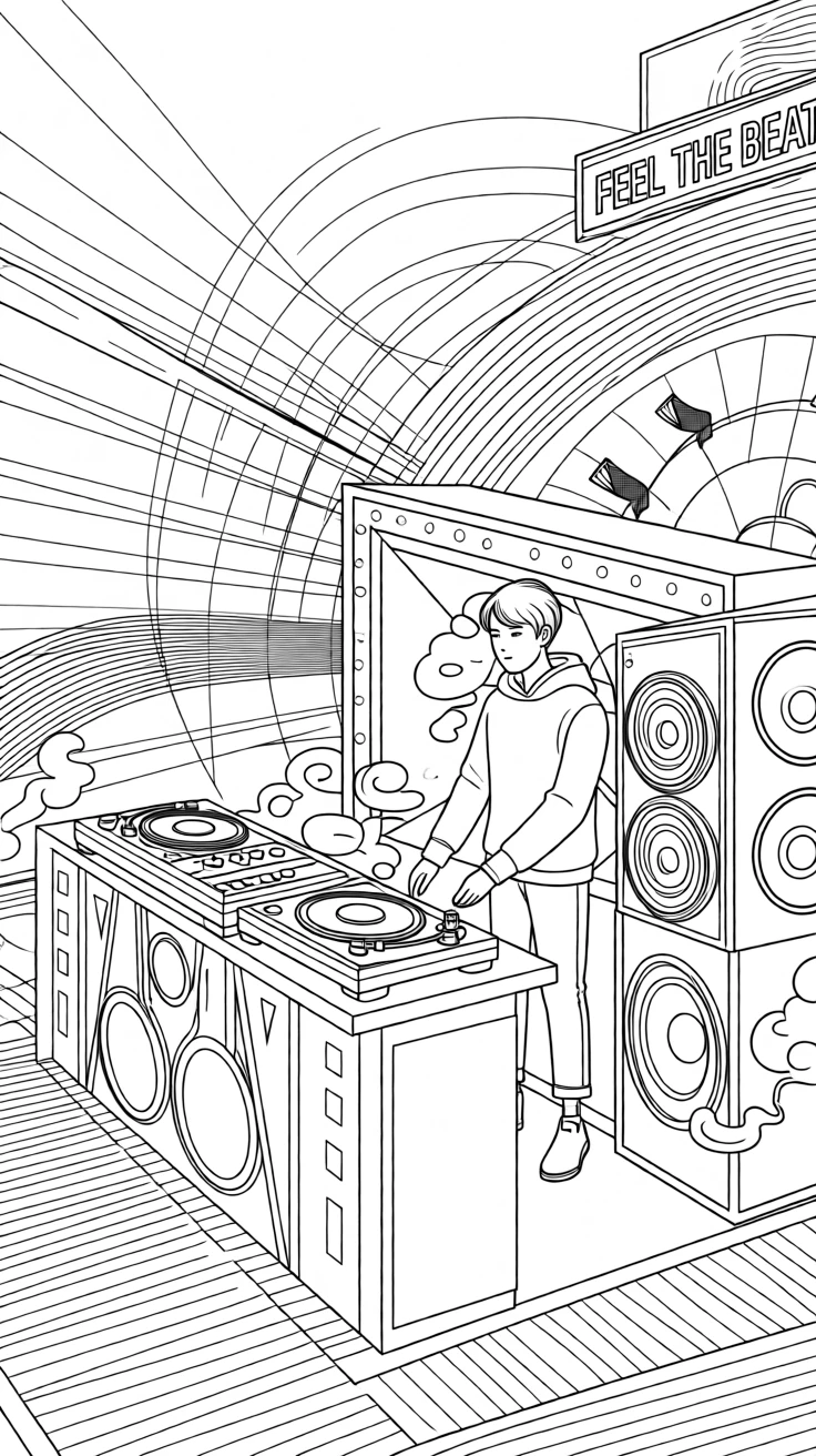 A DJ booth with turntables glowing under neon lights, with smoke and colored lights swirling around the stage.
