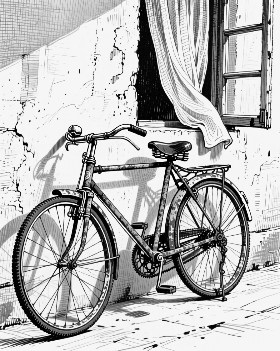 An old bicycle leaning on a wall placed near an open window with curtains drifting, with fine scratches telling of years of use, forming a calm and homely still-life study.