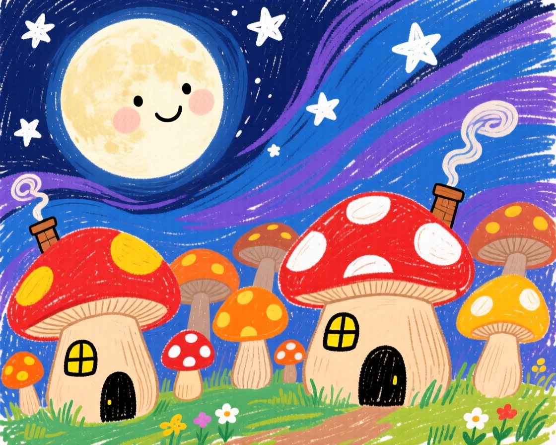 A moon spirit watching over a village of tiny mushroom houses.