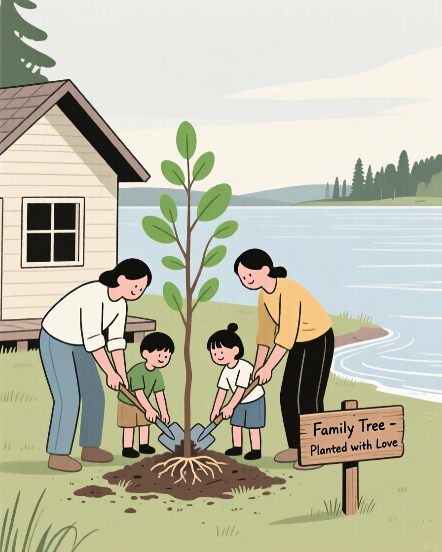 A family planting a tree together at a lakeside cabin.