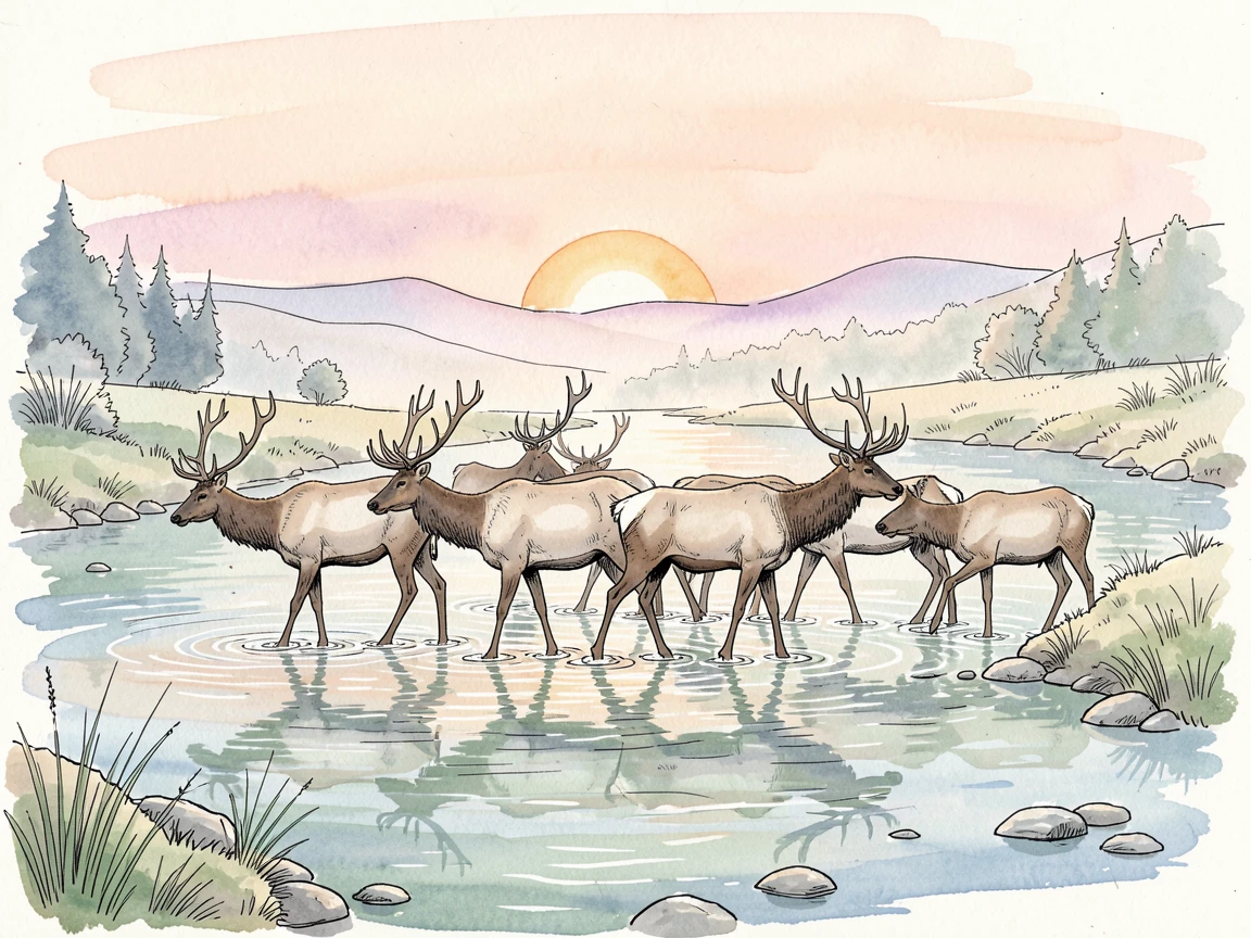 A herd of elk crossing a shallow river at sunrise, a stillness in the air broken only by distant birdsong.