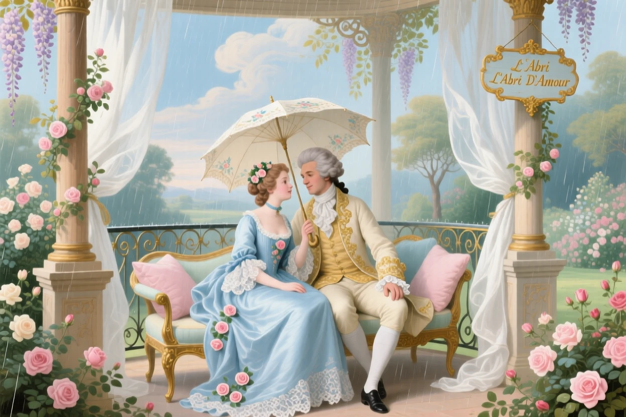 A young couple sheltering in a garden gazebo during a summer storm  