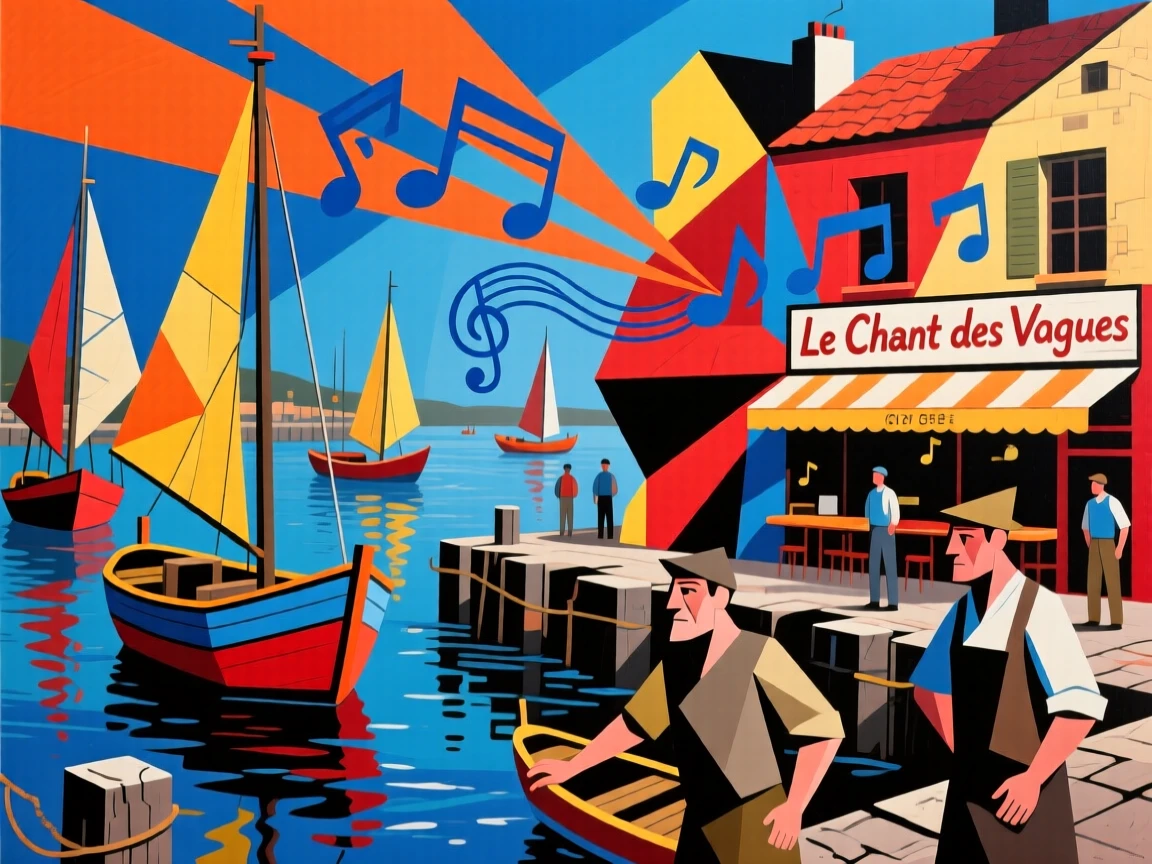 A vibrant scene of a colorful fishing harbor alive with music drifting from a nearby café.