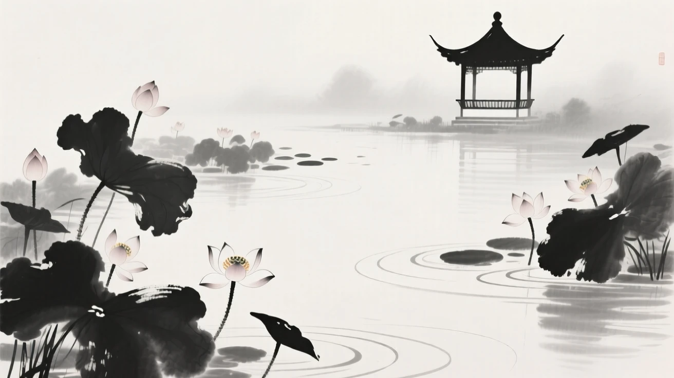 A pond filled with blooming lotus flowers stretches toward a distant pavilion, as ripples spread slowly across the still water.