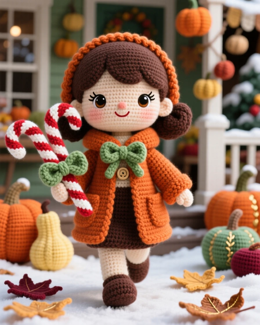 a little girl holding a candy cane bouquet, wrapped in a cozy coat, is shown walking through a winter market in a cozy porch decorated with autumn gourds beside a scattering of fallen leaves or petals, capturing festive excitement and shared celebration.