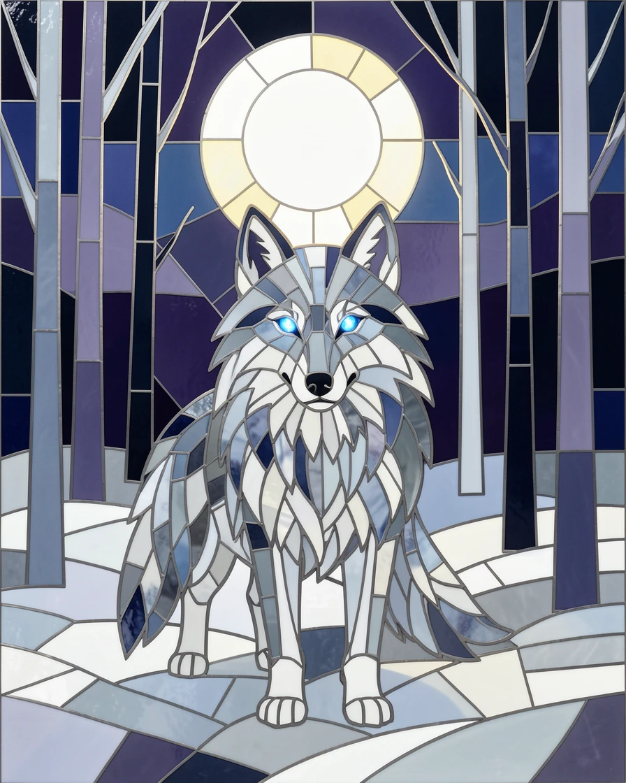 A mystical wolf with glowing eyes standing in a moonlit snowy forest.