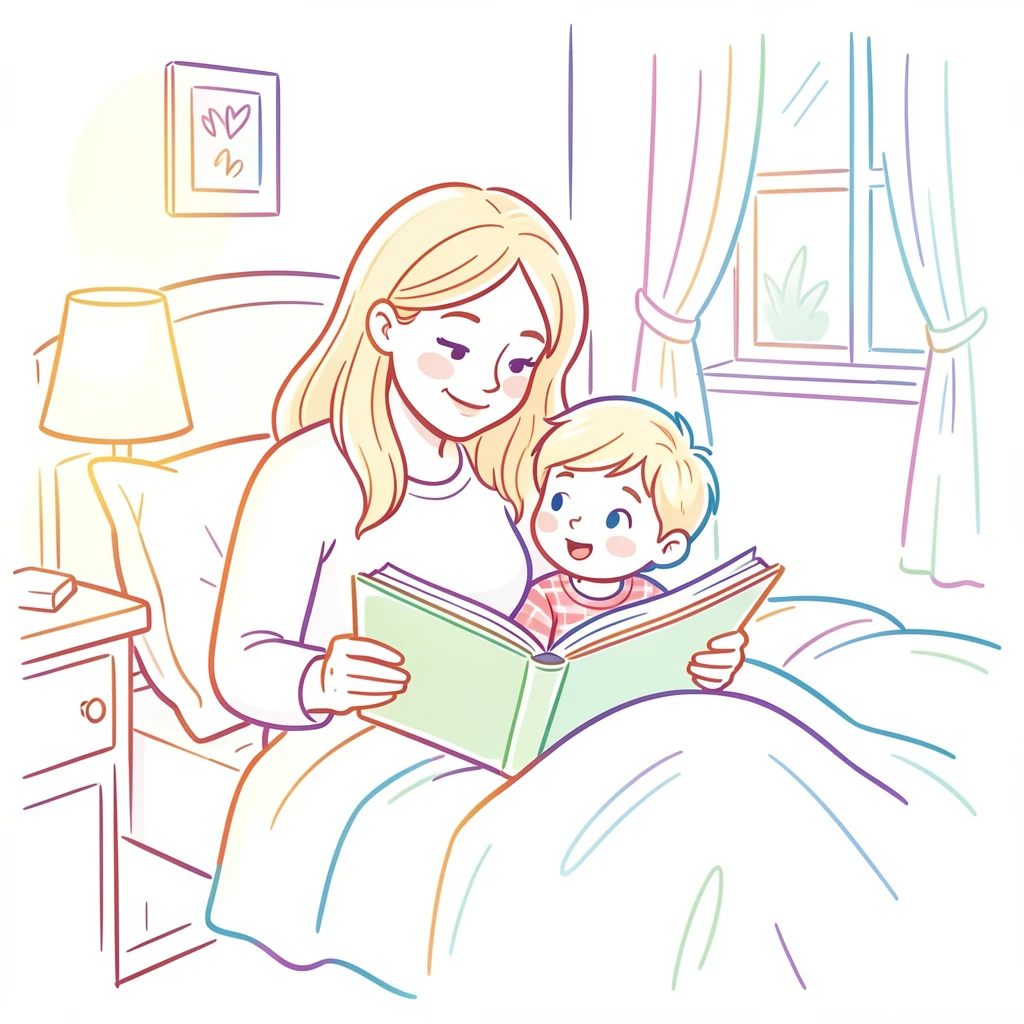 A mother reading a bedtime story to her child in a softly lit bedroom.