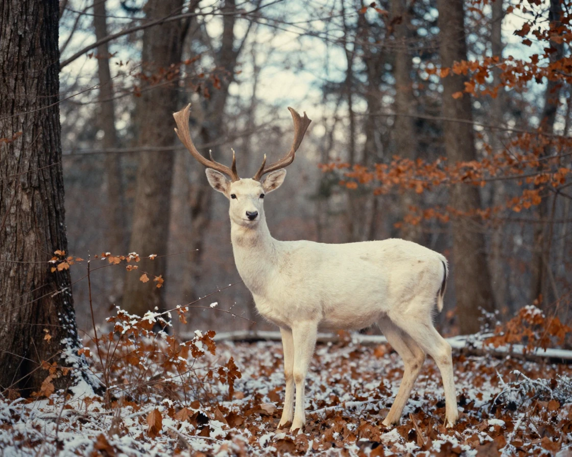 A rare albino deer standing silently at a forest's edge, in soft window light, under scattered clouds, under the first snow of winter, in earthy terracotta and ochre shades, over the shoulder of the main subject.