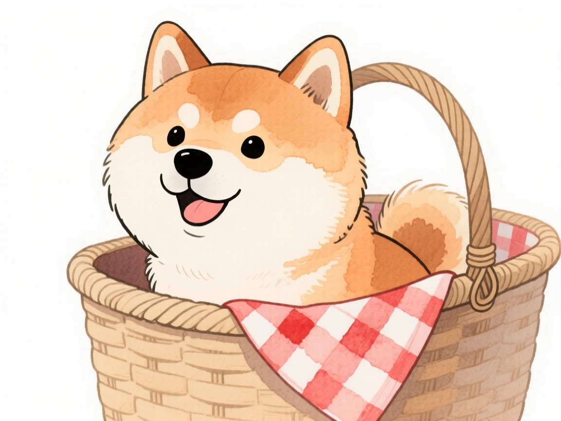 A shiba inu poking its nose out of a picnic basket