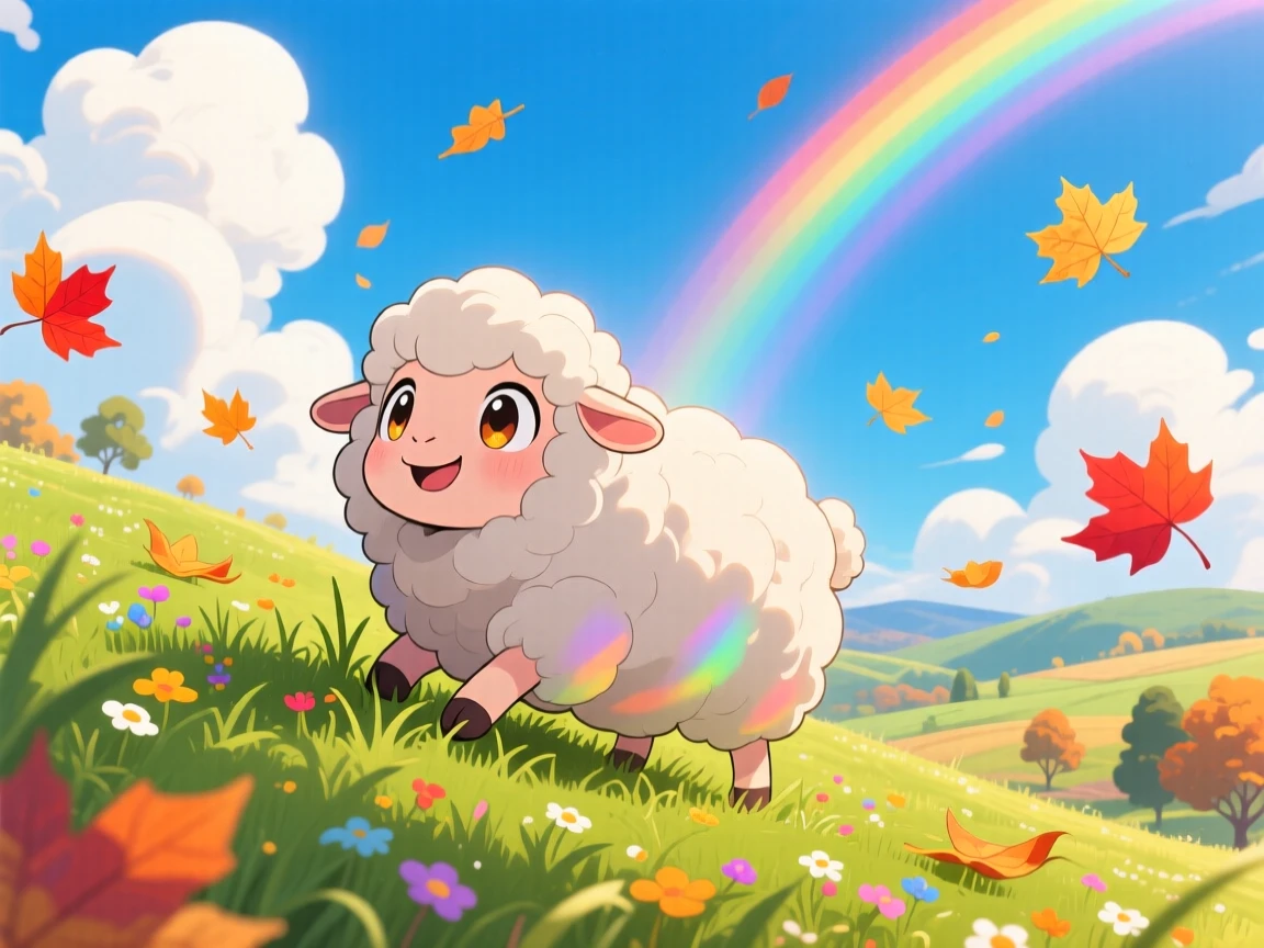 Worm's-eye view: a fluffy sheep, grazing on a green hillside beneath fluffy clouds, set against a pastoral countryside with autumn leaves swirling around, with bright rainbow-tinted light and a mood of triumphant pride.