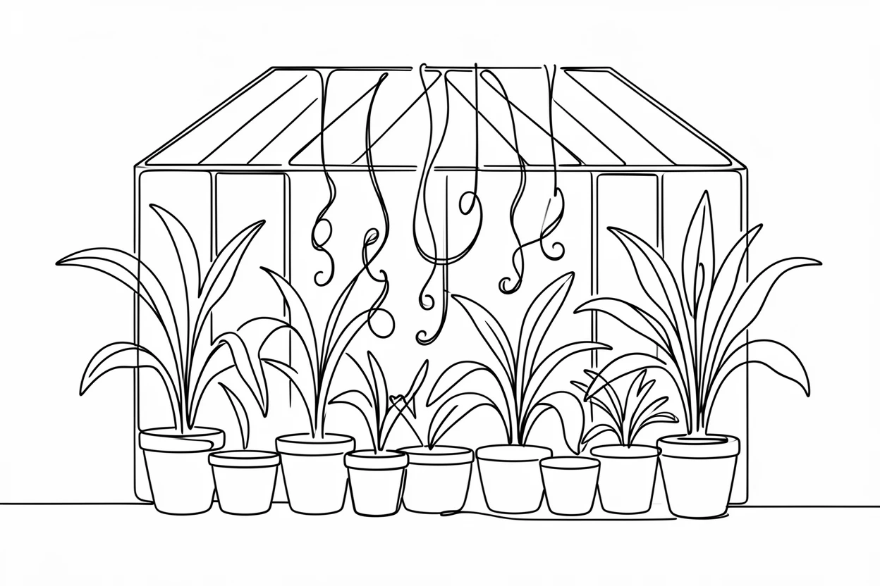 A greenhouse filled with rows of tropical potted plants and hanging vines