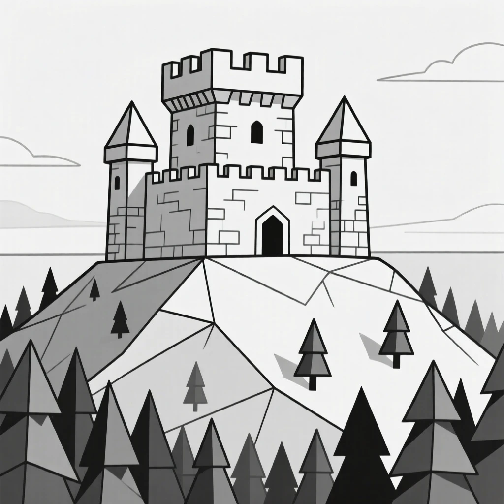 A medieval stone castle atop a forested hill