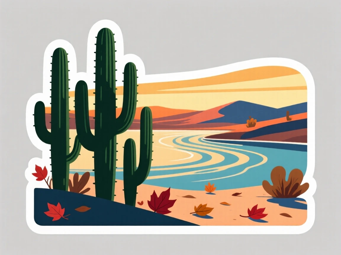 A richly colored desert landscape with tall cacti, with gentle ripples across the water, as the seasons begin to change.