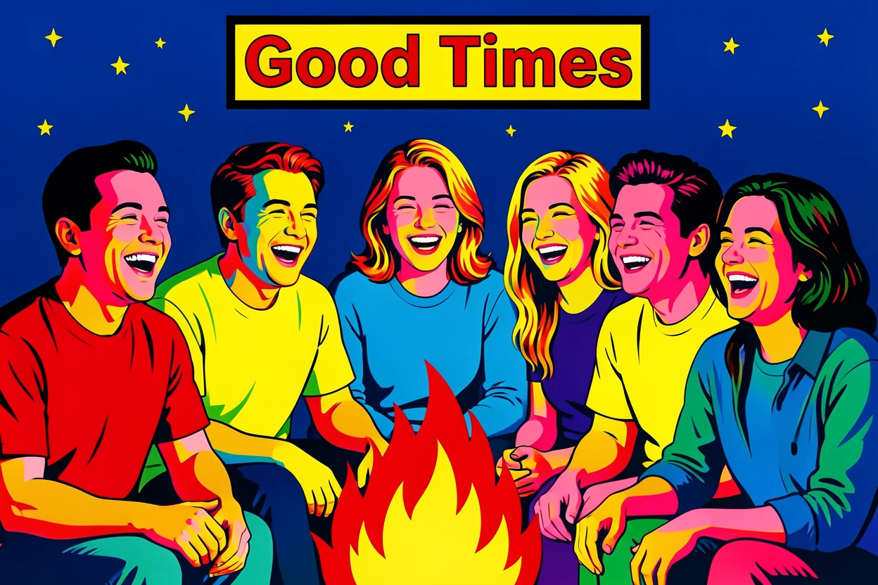Friends laughing around a campfire at night