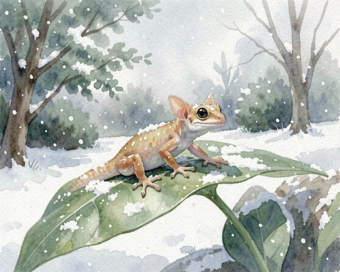 A gecko resting on a leaf in a snowy backyard with its ears perked up.