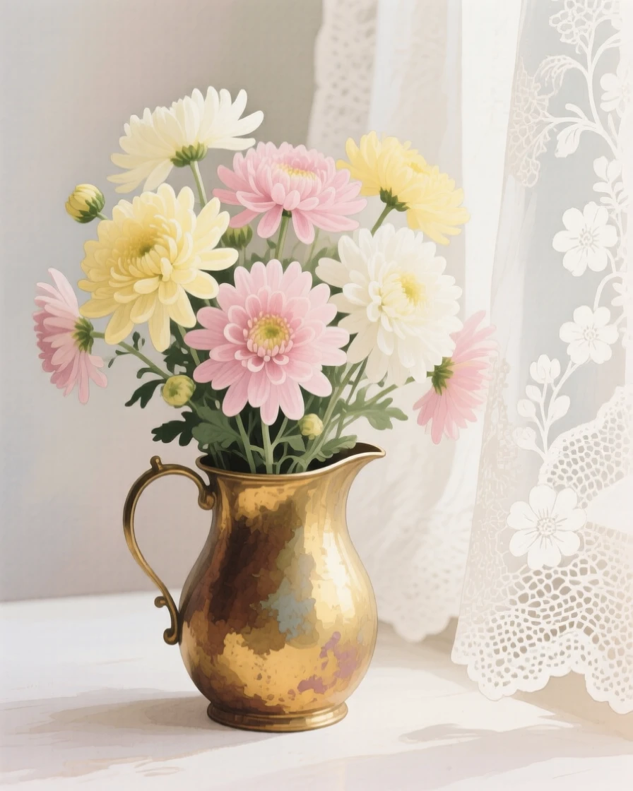 A bouquet of chrysanthemums in soft, layered tones fills a small brass jug beside a lace curtain, petals catching the gentle light