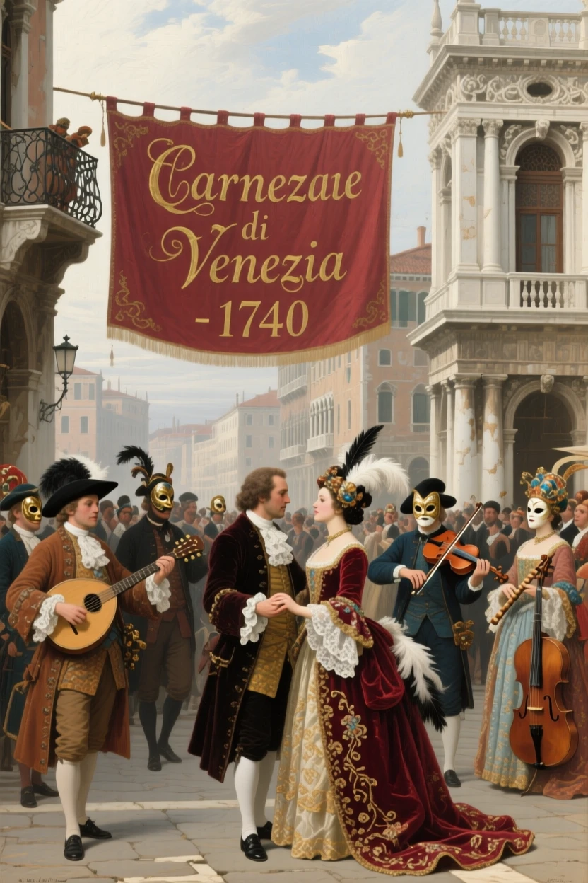 A grand Venetian carnival with masked figures in elaborate costume, capturing the customs and craftsmanship unique to the era, bringing a vivid, immersive moment of history to life
