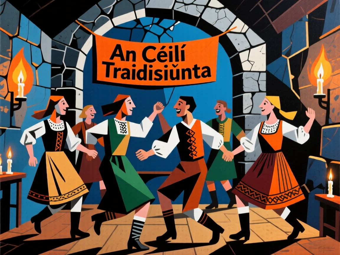 A vivid historical scene depicting a traditional Irish céilí dance filling a candlelit stone hall.