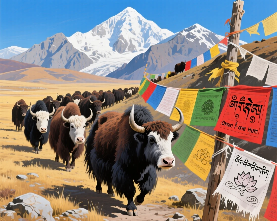 A herd of yaks crosses a high Tibetan plateau, prayer flags fluttering on a nearby ridge as snow-capped peaks rise in the background, small details in its fur or feathers catching the light with remarkable clarity.