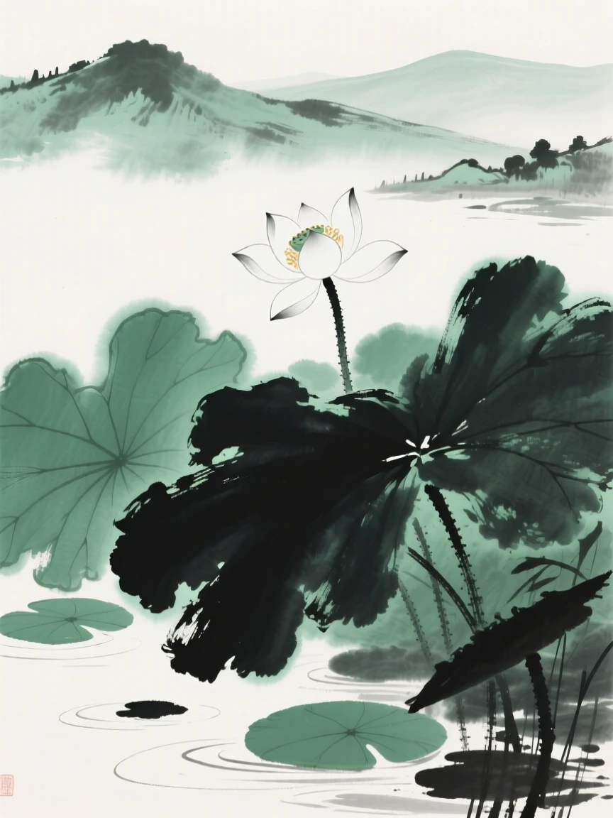 A single white lotus rises above a cluster of broad green leaves, with distant hills visible beyond the pond.