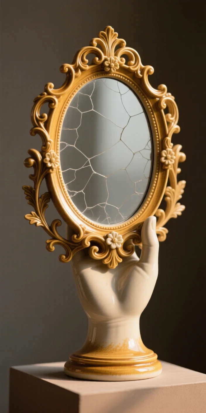 An ornate hand mirror catching the light staged with careful, artful precision, bathed in a nostalgic golden glow, capturing beauty in the overlooked and ordinary.