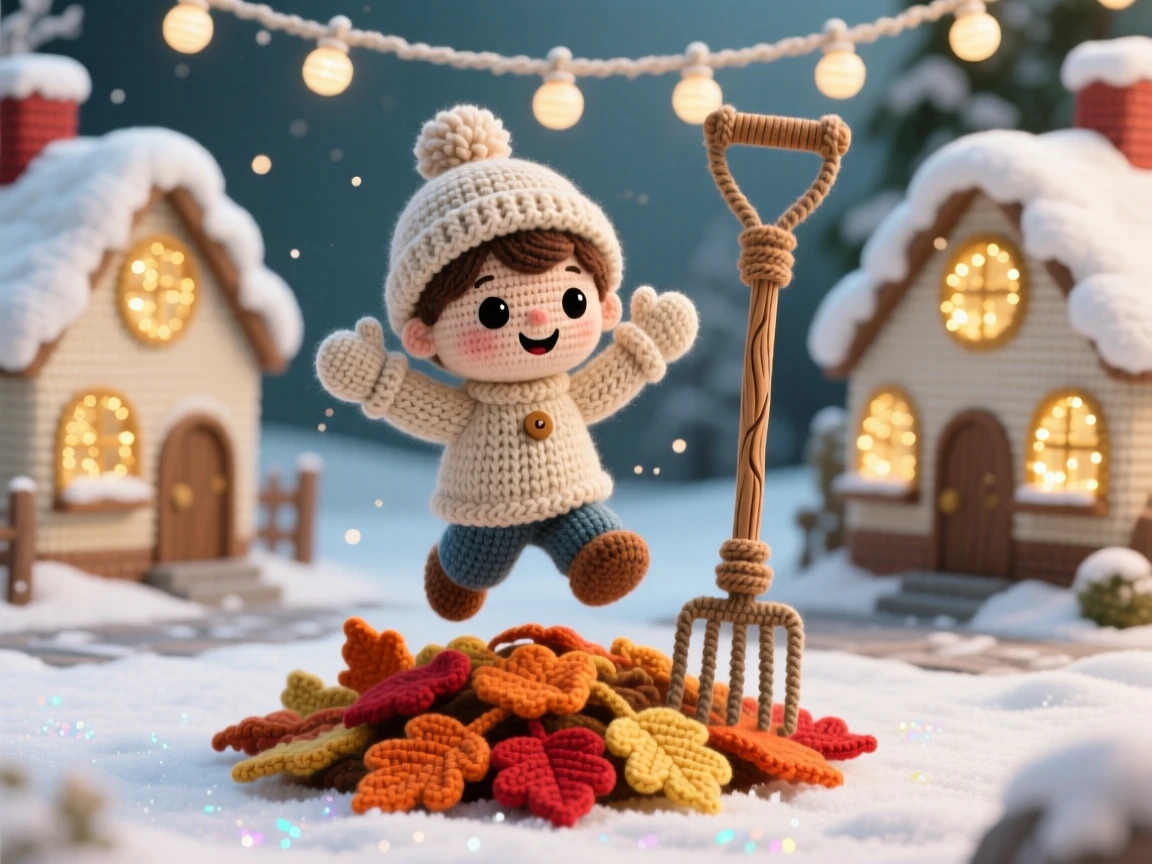 a small child building a leaf pile, with a rake nearly as tall as they are, jumping happily into a pile of leaves, set in a snow-covered village square strung with lights, with a garland of dried flowers, full of nostalgic, storybook seasonal charm.