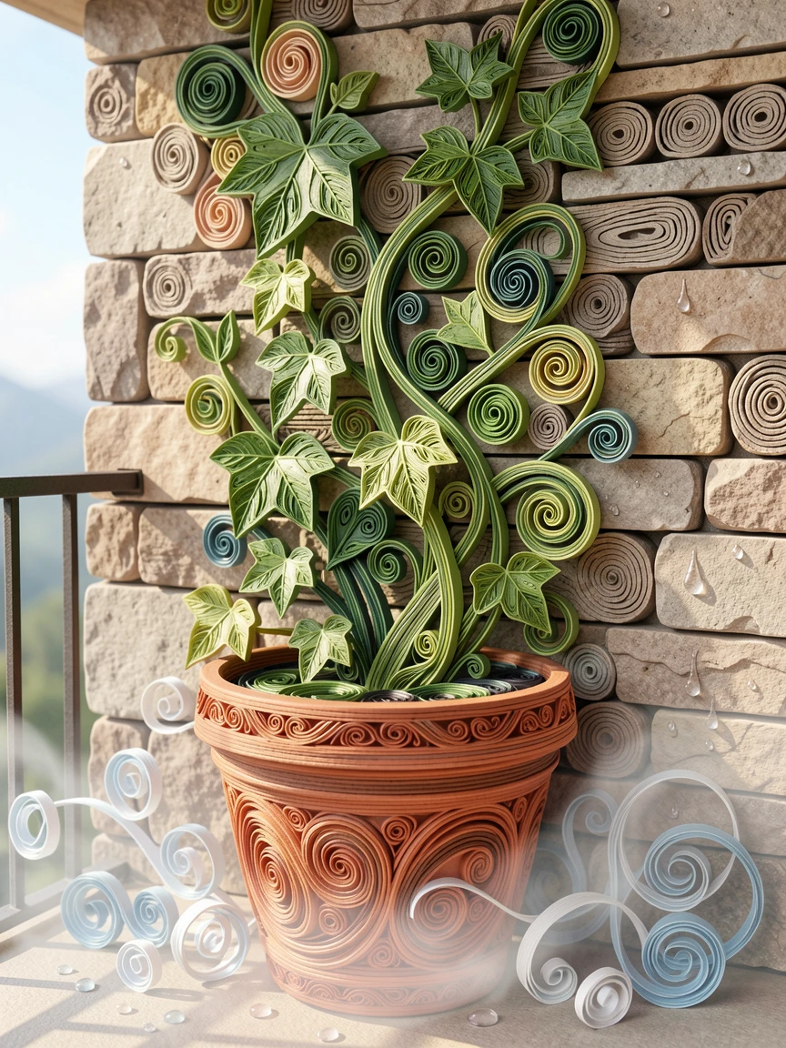 A serene botanical study of a tangle of wild ivy climbing a stone wall in a terracotta pot on a sunny balcony, under a light mist rising from the ground, captured in a close-up macro composition.