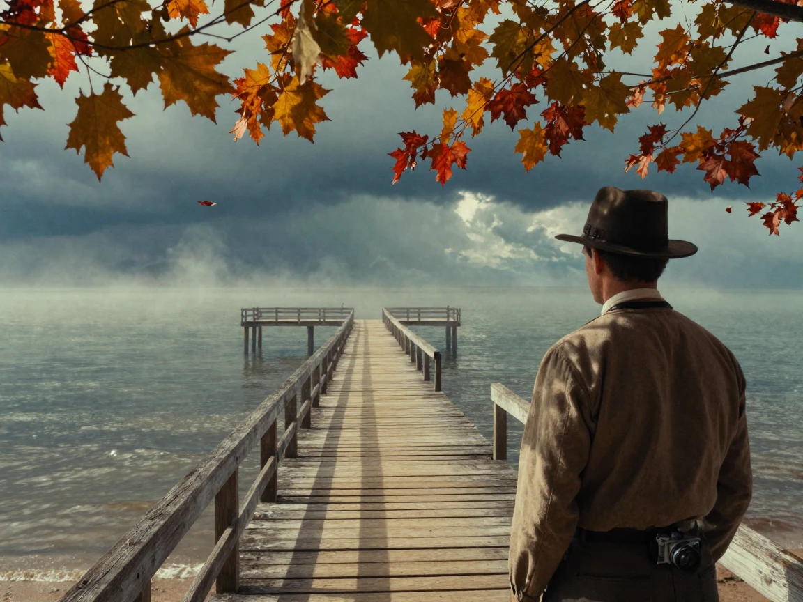 A weathered pier stretching out into a misty sea, in dappled light filtering through leaves, under a darkening storm sky, as autumn leaves turn gold and red, in vivid coral and turquoise hues, over the shoulder of the main subject.