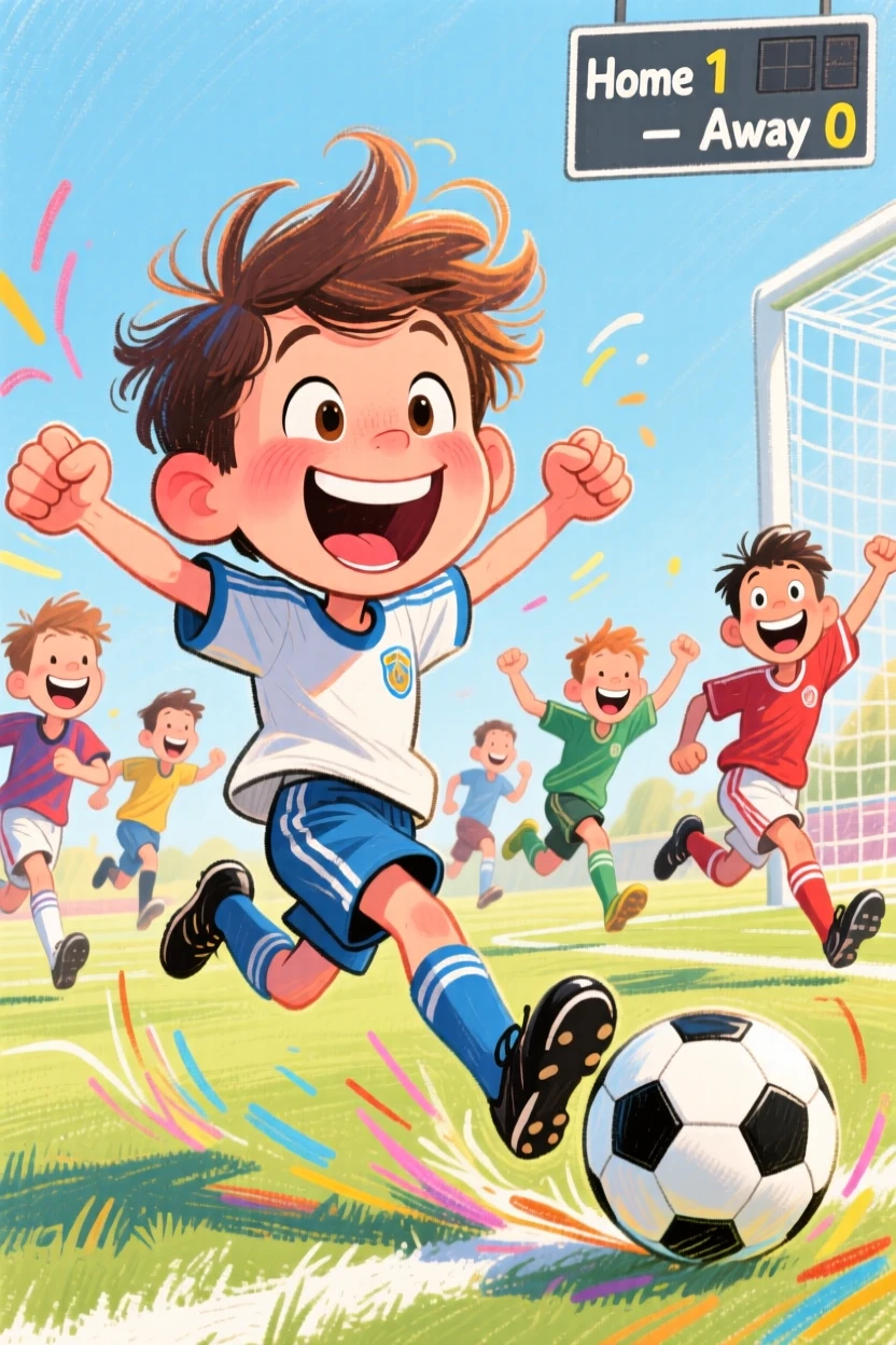 A young boy scoring his first goal in a soccer match, teammates sprinting to celebrate.