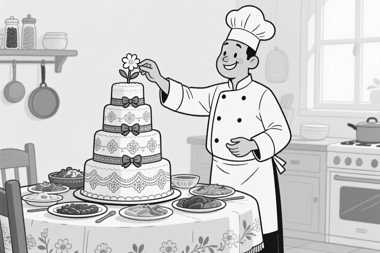 A chef presenting a towering traditional feast, adding one final delicate sugar flower to the cake, set in a home kitchen bursting with delicious aromas. A embroidered tablecloth peeks out beneath the feast. It radiates the timeless magic of coming together to celebrate.