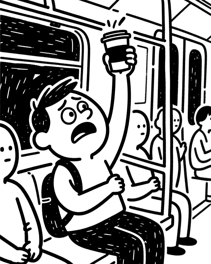 A commuter squeezed onto a crowded subway train, holding coffee overhead to avoid spills.
