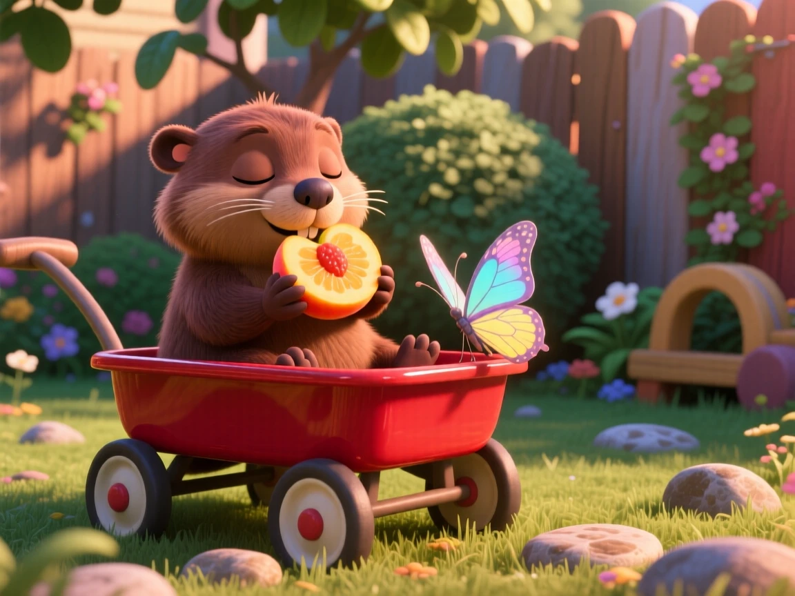 A baby beaver is riding in a small red wagon, nibbling on a piece of fruit. A gentle, sleepy calm fills the moment, with a small butterfly resting nearby.