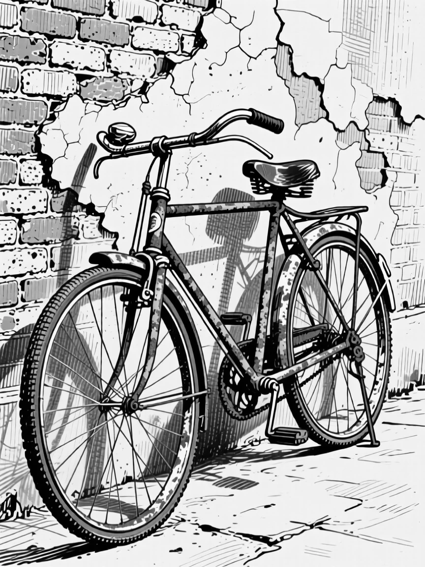 An old bicycle leaning on a wall set against a weathered brick wall, with fine scratches telling of years of use, forming a warmly inviting still-life study.
