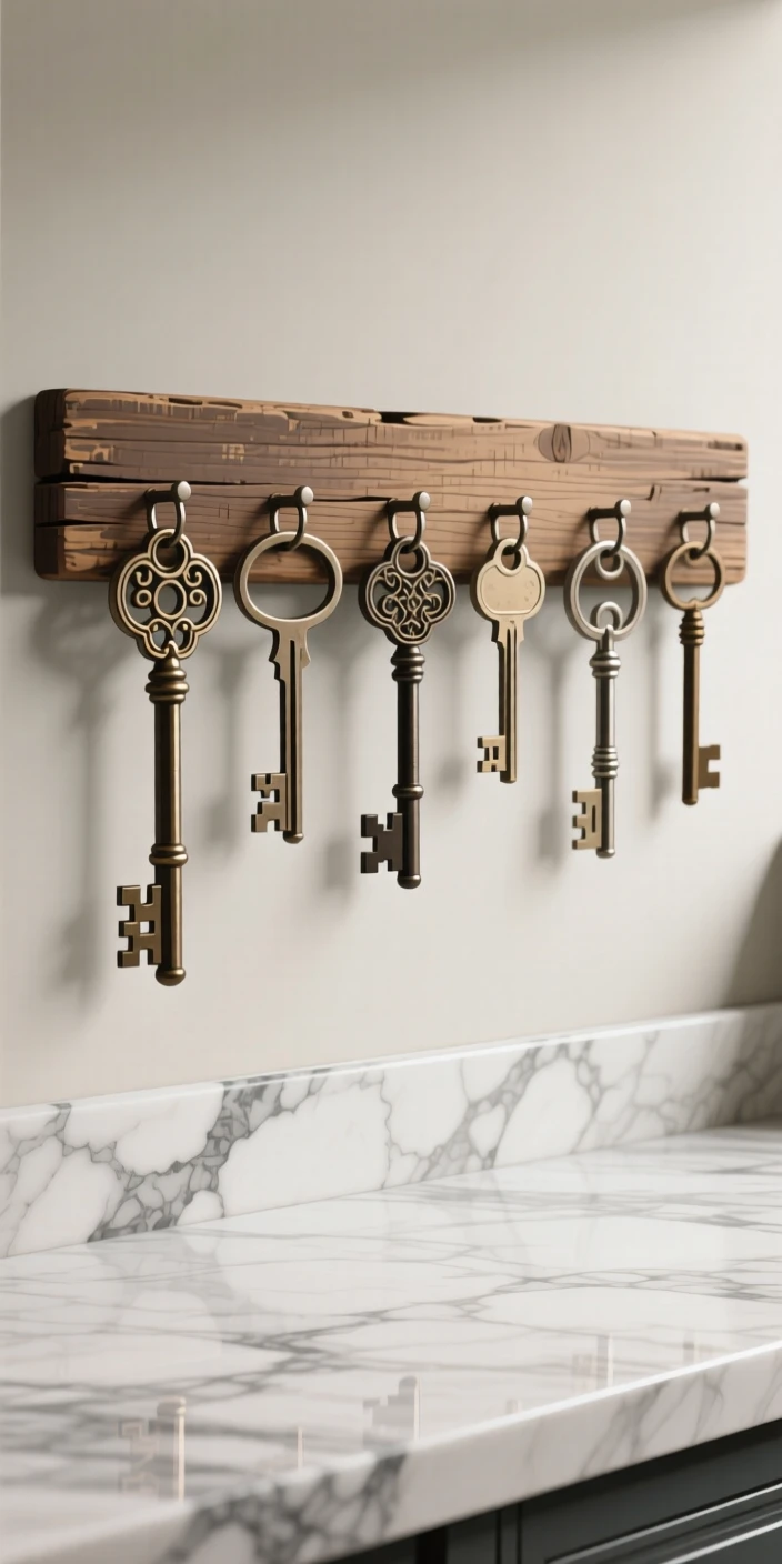 A collection of vintage keys hanging on a wooden board, placed on a smooth marble countertop, composed with gentle negative space around the object, with a clean, elegant simplicity.