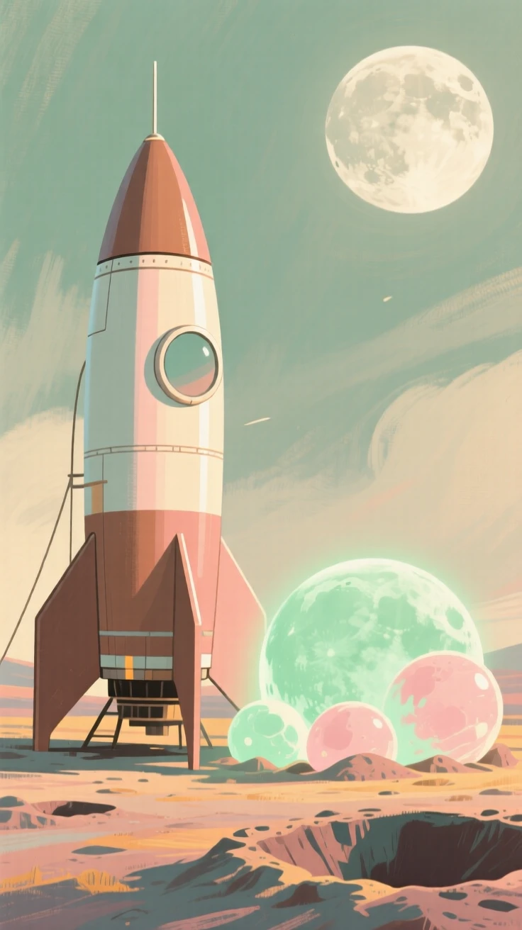 A retro rocket ship parked beside a cluster of glowing moon craters