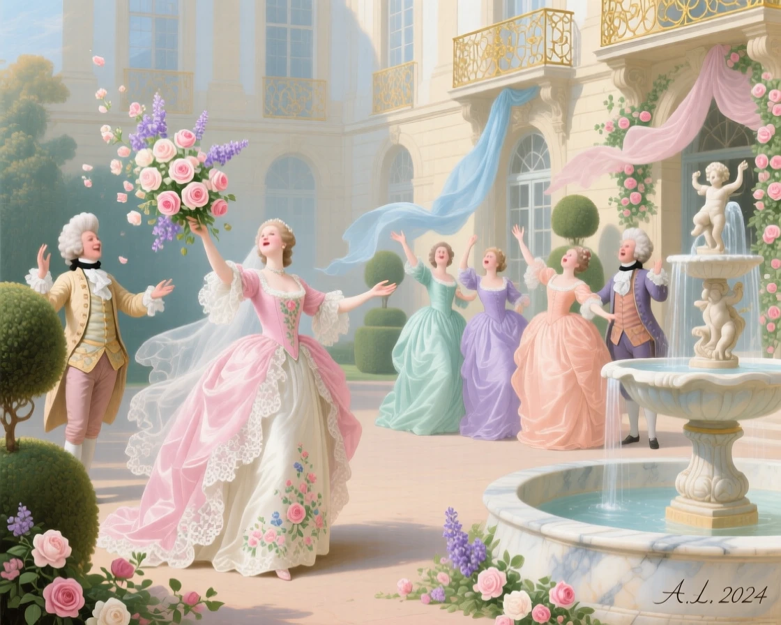 A bride tossing flowers to cheering friends in a palace courtyard  