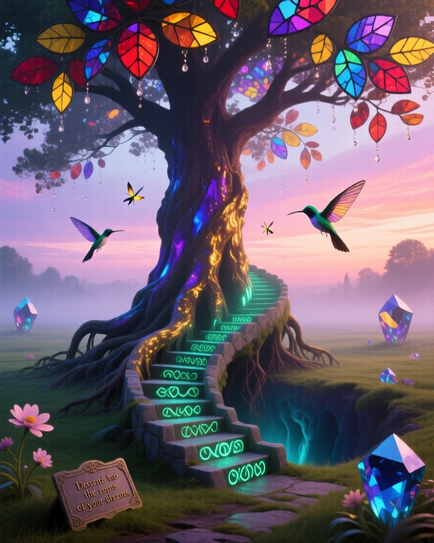 A tree whose roots form a staircase leading underground blooms slowly under the soft light of early dawn, while soft light filters gently through its leaves.