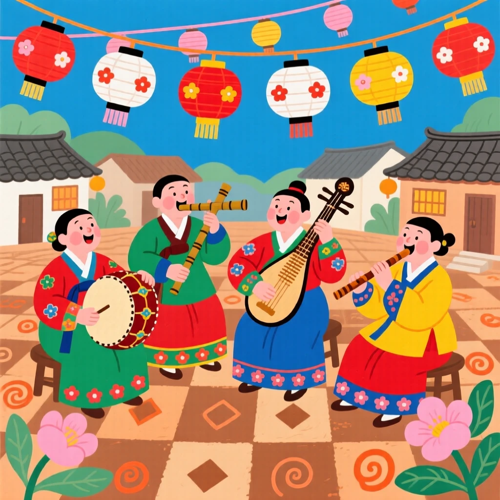 A group of musicians performing in a village square under strings of paper lanterns.