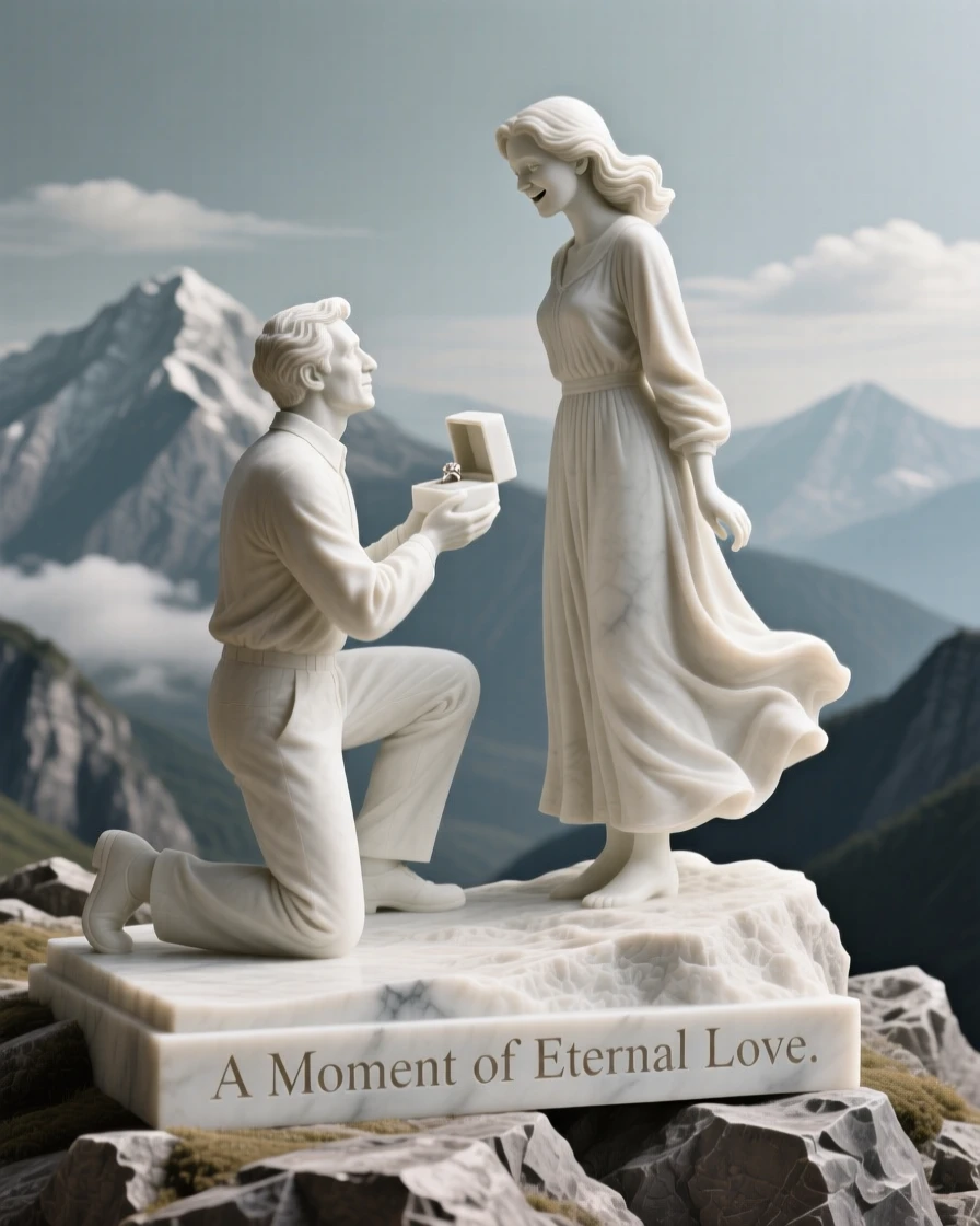 A heartfelt moment showing a man proposing on one knee at a mountaintop, radiating love and genuine human emotion