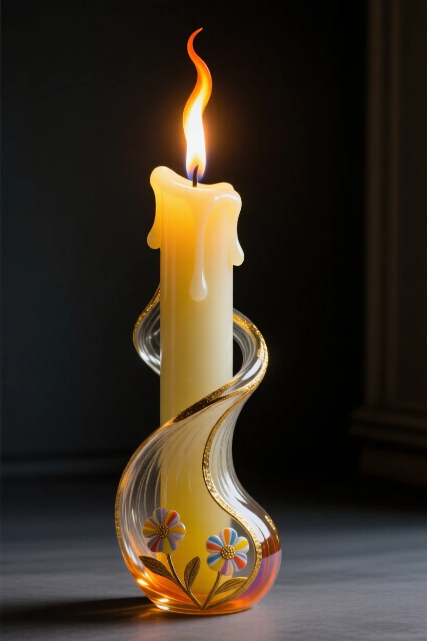A single lit candle flickering in a dark room, intimate and contemplative.