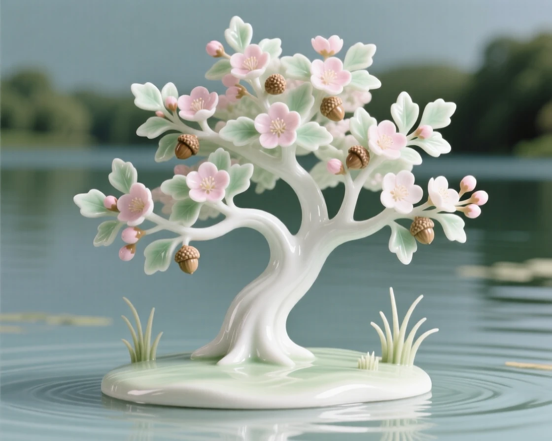 A blossoming oak tree in full spring bloom in a quiet lakeside setting.
