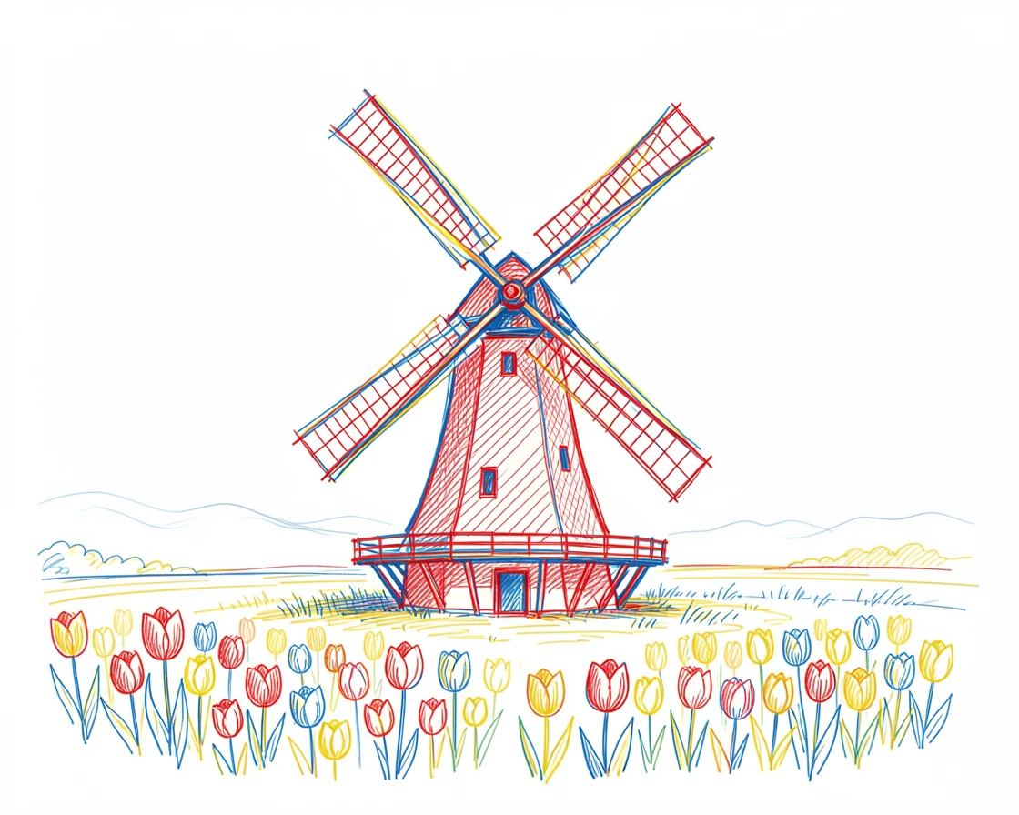 A traditional windmill turning slowly against a backdrop of tulip fields