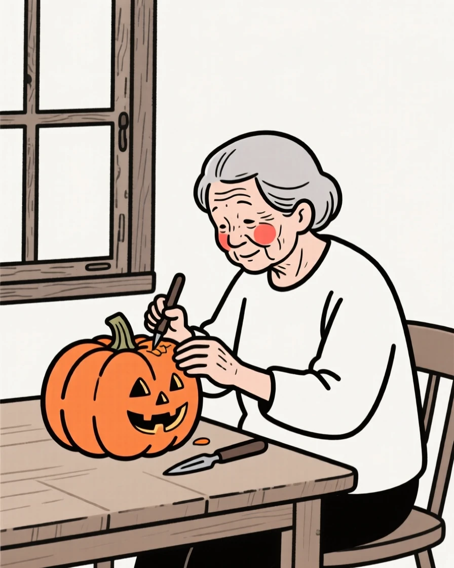 An elderly woman carving a pumpkin for Halloween, by a rustic farmhouse window.