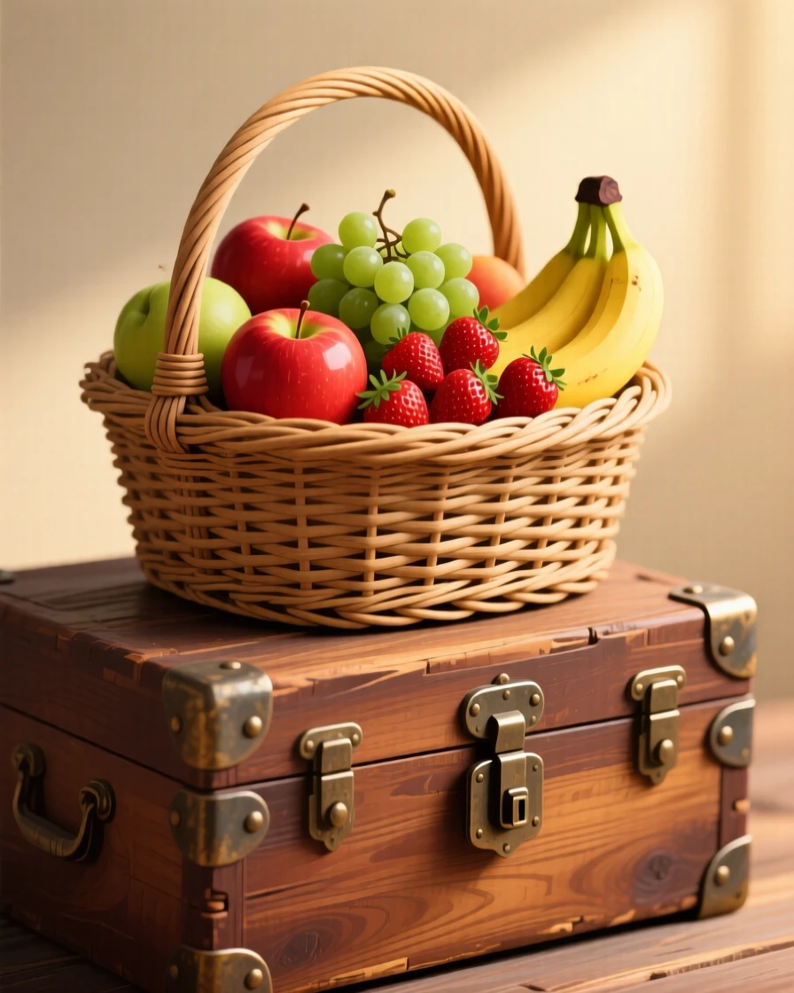 A woven picnic basket filled with fresh fruit, arranged atop an antique wooden trunk, composed with a warm, nostalgic sense of stillness, with soft golden light highlighting fine craftsmanship.