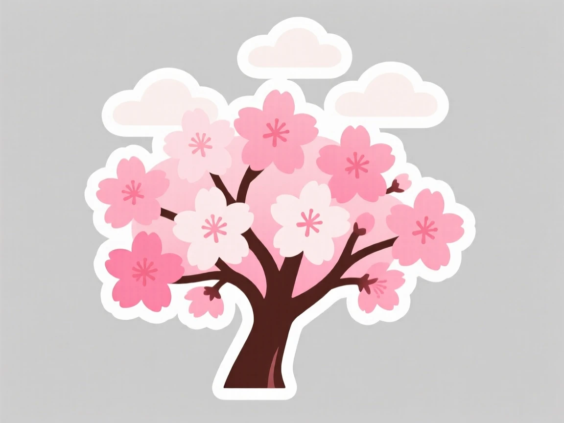 A softly glowing cherry blossom tree in full bloom, with soft clouds drifting overhead, perfect for a moment of quiet reflection.
