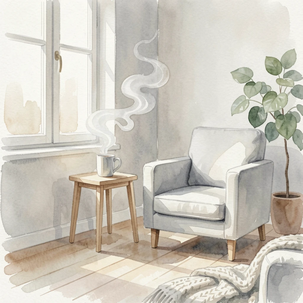 A Scandinavian-style minimalist living room with a steaming mug on a side table.