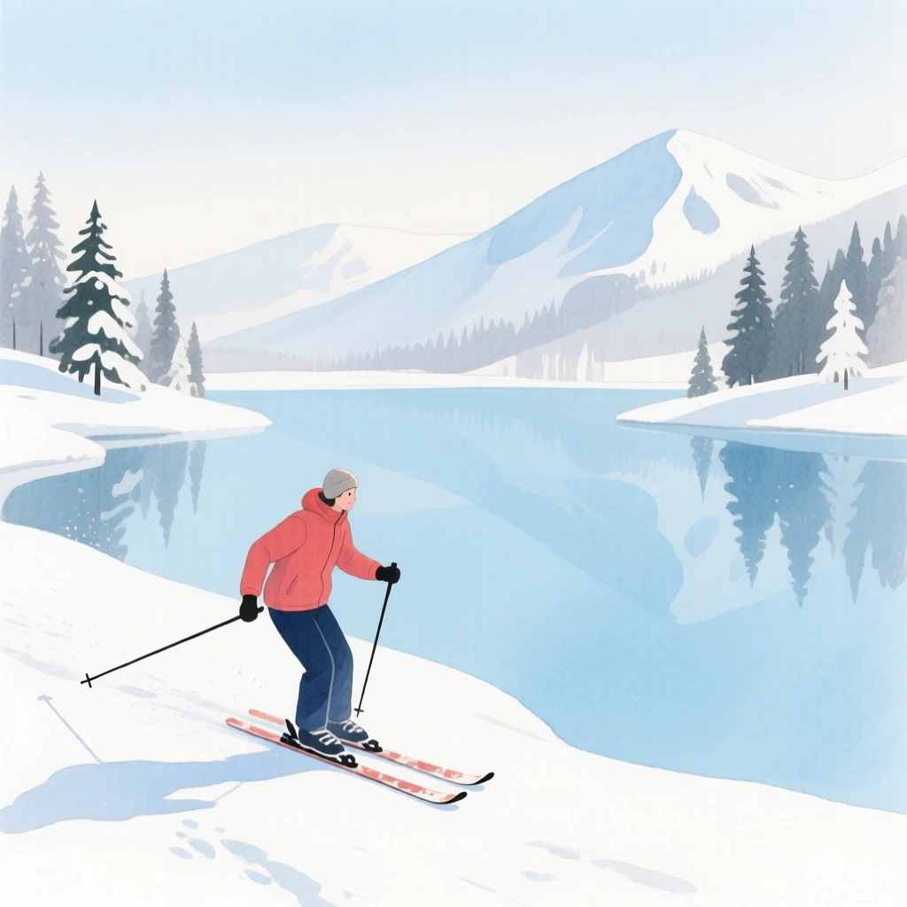 A peaceful scene of someone skiing down a snowy slope beside a still mountain lake, fully absorbed in a quiet, joyful moment