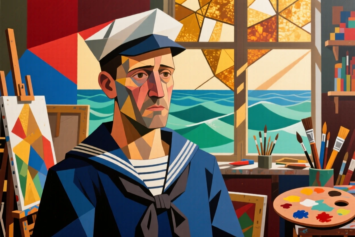 A medium shot portrait of a sailor in a bustling studio filled with warm afternoon light, focused and content in the craft.